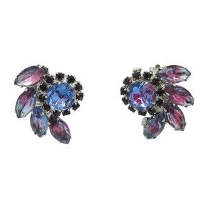 Vintage Signed Madeline Purple Blue bi-color Bavettes Rhistone Clip Earrings